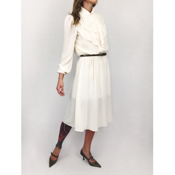 Vintage Dresses & Skirts - Vintage Sheer Ruffle Midi Dress in Ivory | Size S/M